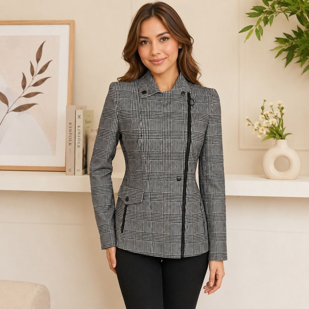Akris Punto Moto Jacket Women 4 Black Plaid Glen Plaid Asymmetrical Zip